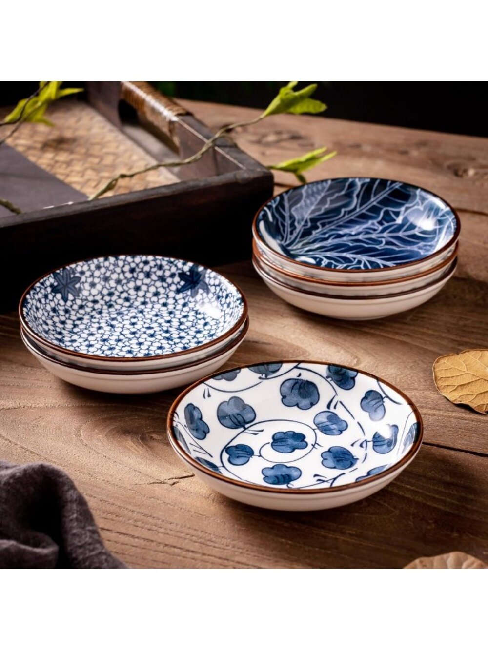 Set of 6 Japanese Ceramic Dipping Bowls - 4'' Blue & White Soy Sauce Dishes - Picture 5 of 8